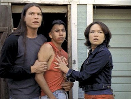 From left to right: Brandon Oakes (as Bear), Greg Odjig (as Clayton), and Jennifer Podemski (as Rose) in “Blood River,” 2000.